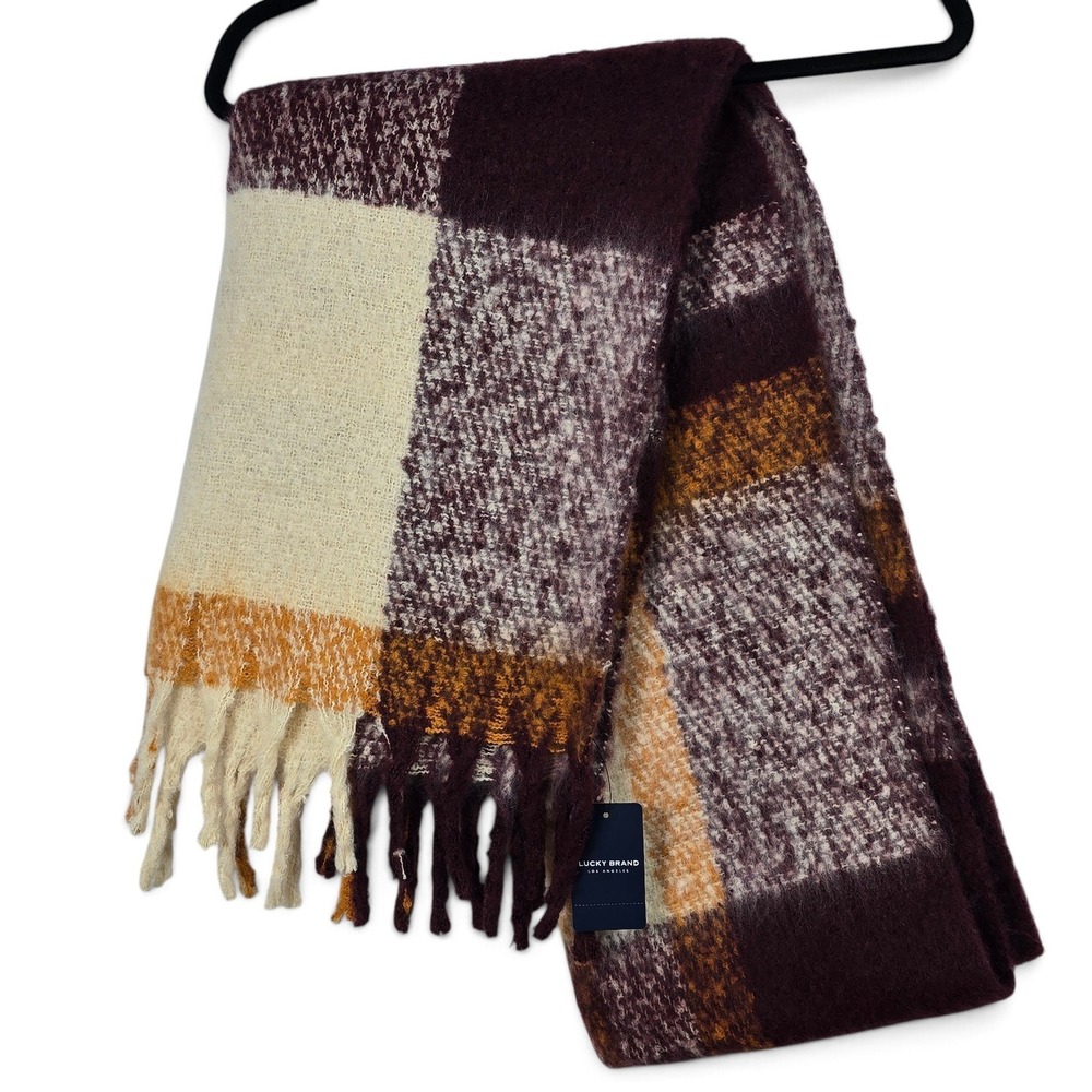 Lucky Brand Scarf Womens OS Plaid Burgundy Orange Fringe Wrap Shawl NWT Fluffy